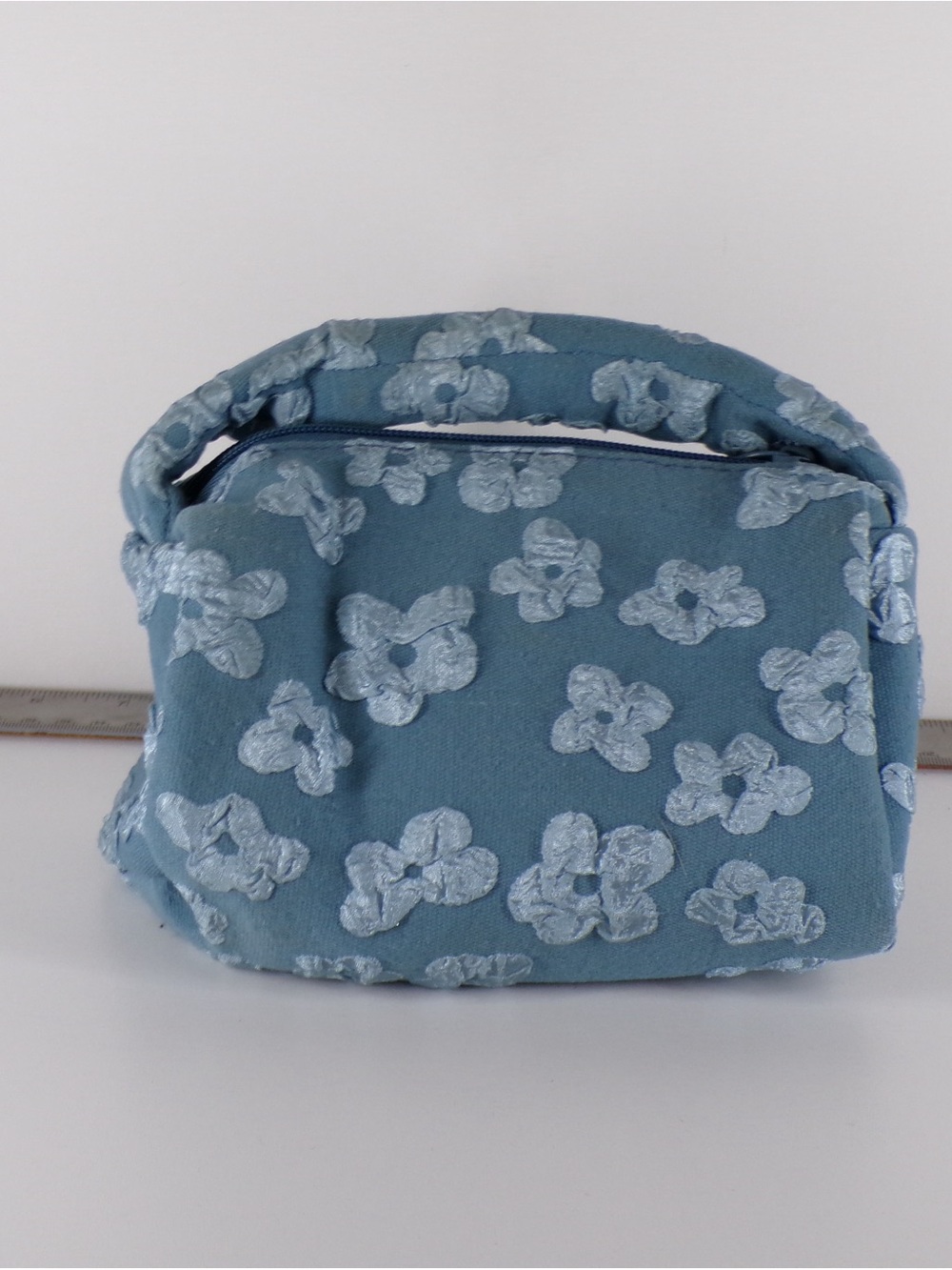 Embroidered Floral Top-Handle Cosmetic Bag - Blue
